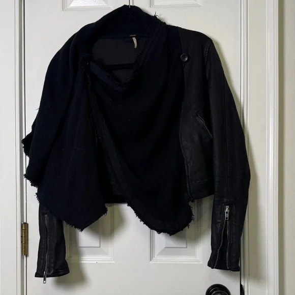 Free People Coated Denim Drape Front Moto Jacket Black Waterfall Collar XS 0 - Picture 13 of 14